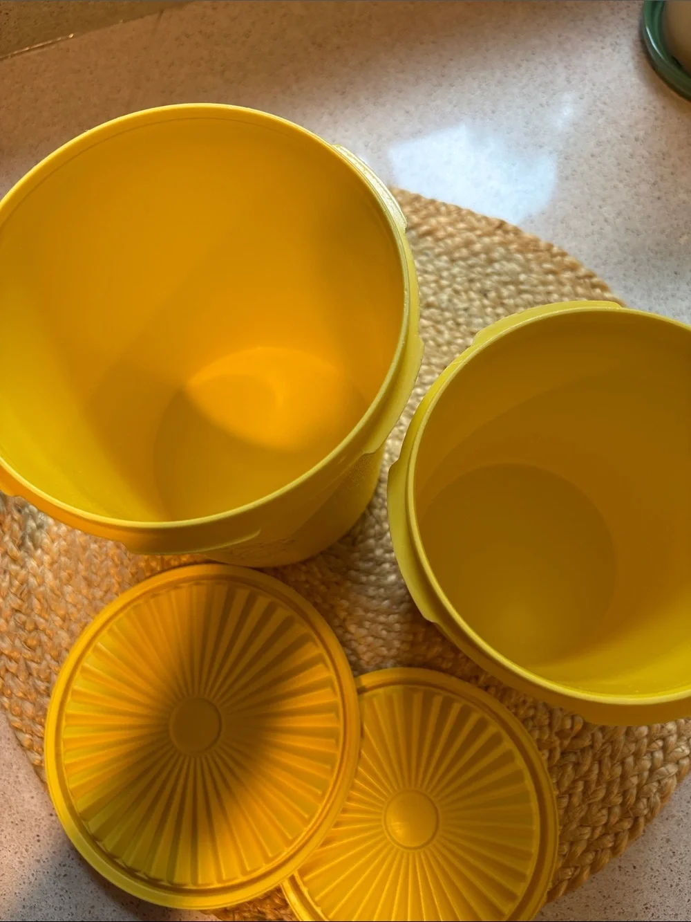 (2) Vintage Tupperware Yellow Servalier Canisters (809 and 811)